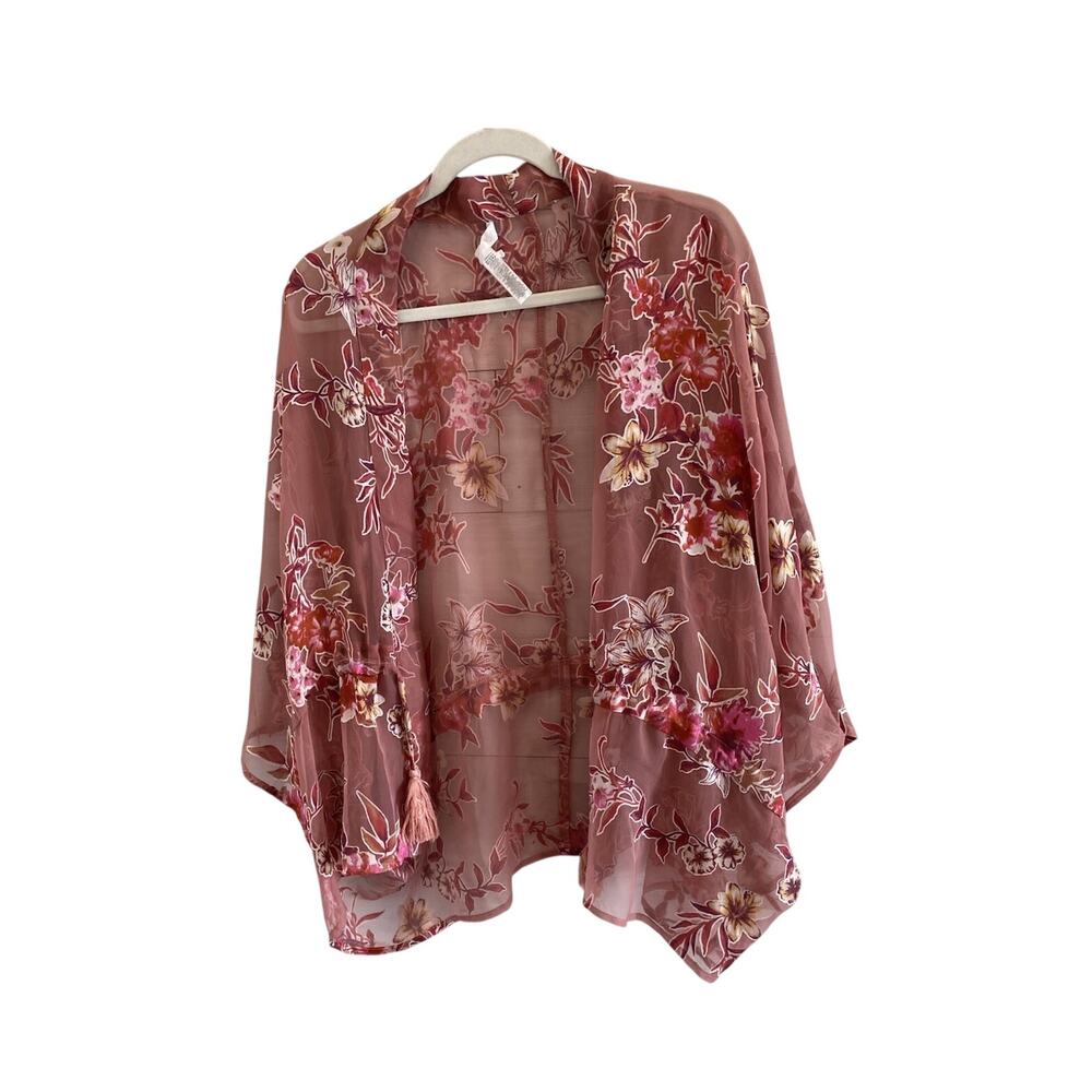 Womens Pink Floral Sheer Kimono One Size Beach Swim Cover Up Ethereal Robe